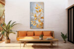 Gold and white botanical leaves on textured plaster background, portrait canvas wall art for living room or bedroom