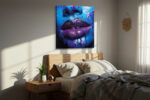 Cobalt blue face with deep purple dripping lips, dramatic digital art canvas for living room or home office
