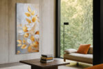 Gold and white botanical leaves on textured plaster background, portrait canvas wall art for living room or bedroom
