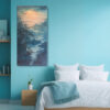 Luminous moon over pine cliffs and winding river, steel blue and amber tones, japandi landscape wall art canvas for bedroom