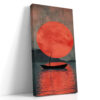 Boat silhouette beneath a vivid red-orange sun with teal-grey sky, dramatic mixed-media portrait canvas wall art