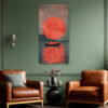 Boat silhouette beneath a vivid red-orange sun with teal-grey sky, dramatic mixed-media portrait canvas wall art