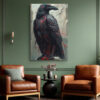 Armored fantasy raven with glowing red runic glyphs on stone ruins, moody dark digital art canvas print for living room