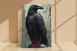Armored fantasy raven with glowing red runic glyphs on stone ruins, moody dark digital art canvas print for living room