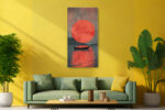 Boat silhouette beneath a vivid red-orange sun with teal-grey sky, dramatic mixed-media portrait canvas wall art