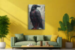 Armored fantasy raven with glowing red runic glyphs on stone ruins, moody dark digital art canvas print for living room