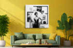 Female figure in black dress with geometric frames and spheres, high-contrast monochrome collage canvas art for living room