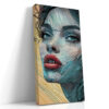 Geometric line-hatching portrait of a woman in teal and amber, bold illustration canvas print for living room or home office