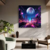 Futuristic neon cityscape with giant planet and skyscrapers in vivid magenta and blue, bold sci-fi canvas wall art