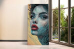 Geometric line-hatching portrait of a woman in teal and amber, bold illustration canvas print for living room or home office