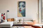 Geometric line-hatching portrait of a woman in teal and amber, bold illustration canvas print for living room or home office