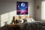 Futuristic neon cityscape with giant planet and skyscrapers in vivid magenta and blue, bold sci-fi canvas wall art