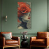 Woman's face with oversized red rose and Op Art swirling stripes, bold dramatic portrait canvas wall art