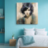 Woman's portrait in warm sand, teal and navy-purple, mosaic brushstroke oil painting style canvas for living room