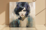 Woman's portrait in warm sand, teal and navy-purple, mosaic brushstroke oil painting style canvas for living room