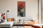 Woman's face with oversized red rose and Op Art swirling stripes, bold dramatic portrait canvas wall art