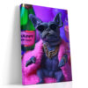 French bulldog in pink fur coat toasting with champagne, bold jewel-tone pop art portrait canvas for bedroom or living room