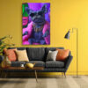 French bulldog in pink fur coat toasting with champagne, bold jewel-tone pop art portrait canvas for bedroom or living room