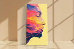 Side-profile face filled with swirling marbled paint in lemon yellow, hot pink, and amber u2014 bold portrait digital art canvas