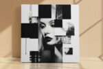 High-contrast woman's portrait with geometric black collage panels and gold pipette, mixed-media square canvas art