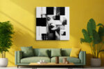 High-contrast woman's portrait with geometric black collage panels and gold pipette, mixed-media square canvas art