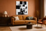 High-contrast woman's portrait with geometric black collage panels and gold pipette, mixed-media square canvas art