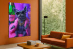 French bulldog in pink fur coat toasting with champagne, bold jewel-tone pop art portrait canvas for bedroom or living room