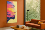 Side-profile face filled with swirling marbled paint in lemon yellow, hot pink, and amber u2014 bold portrait digital art canvas
