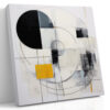 Bold abstract geometric circle and arc mixed-media wall art in cream, black and gold for a living room or home office