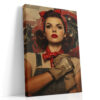 Retro wartime woman in red bandana and denim overalls, bold vintage poster digital art canvas for home office