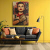 Retro wartime woman in red bandana and denim overalls, bold vintage poster digital art canvas for home office