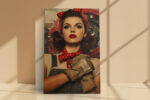 Retro wartime woman in red bandana and denim overalls, bold vintage poster digital art canvas for home office