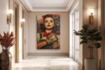 Retro wartime woman in red bandana and denim overalls, bold vintage poster digital art canvas for home office