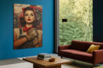 Retro wartime woman in red bandana and denim overalls, bold vintage poster digital art canvas for home office