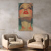 Woman's face with red lips and floral hair, paint drip mixed-media portrait canvas for bedroom or living room