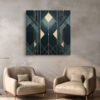 Geometric diamond and chevron art deco pattern in deep navy and warm gold, bold wall art canvas for living room