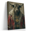 Anthropomorphized bull in red Adidas jacket and gold Bitcoin chains, bold street art portrait canvas for home office