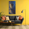 Side-profile figure with gold paint splatter on deep royal blue, bold art deco digital art canvas for living room