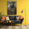 Anthropomorphized bull in red Adidas jacket and gold Bitcoin chains, bold street art portrait canvas for home office