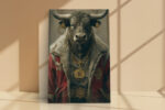 Anthropomorphized bull in red Adidas jacket and gold Bitcoin chains, bold street art portrait canvas for home office