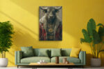 Anthropomorphized bull in red Adidas jacket and gold Bitcoin chains, bold street art portrait canvas for home office