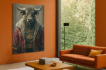 Anthropomorphized bull in red Adidas jacket and gold Bitcoin chains, bold street art portrait canvas for home office