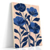 Four cobalt and navy poppy blooms in linocut illustration style, blush peach background, botanical wall art canvas print