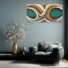 Abstract figure-eight acrylic canvas in deep teal, amber, and rust u2014 bold panoramic wall art for living room or home office