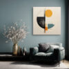 Bold geometric abstract shapes in amber orange, steel teal and near-black on warm off-white u2014 contemporary canvas wall art