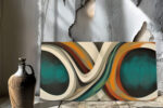 Abstract figure-eight acrylic canvas in deep teal, amber, and rust u2014 bold panoramic wall art for living room or home office