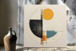 Bold geometric abstract shapes in amber orange, steel teal and near-black on warm off-white u2014 contemporary canvas wall art