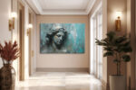 Classical Greco-Roman female bust with paint drips in muted teal and gold-ochre, moody digital art canvas for living room