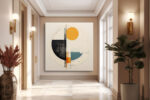 Bold geometric abstract shapes in amber orange, steel teal and near-black on warm off-white u2014 contemporary canvas wall art