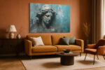 Classical Greco-Roman female bust with paint drips in muted teal and gold-ochre, moody digital art canvas for living room